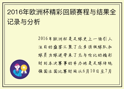 2016年欧洲杯精彩回顾赛程与结果全记录与分析